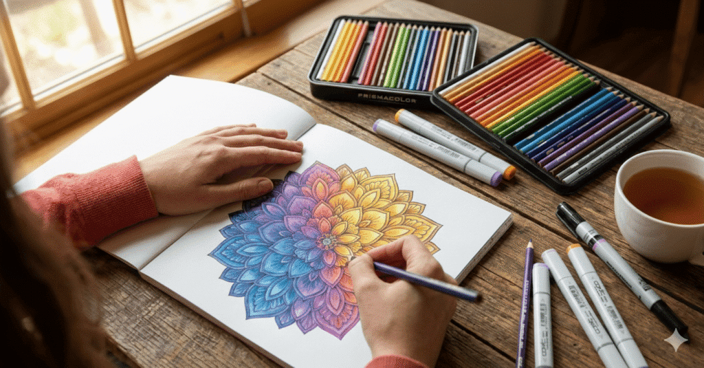 Sitting in front of a window with a cup of coffee coloring a pattern using colored pencils